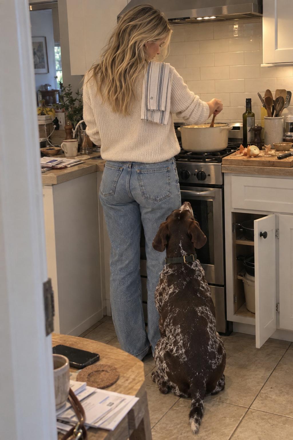 Stove, dog behind her